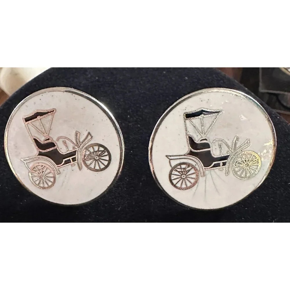 Vintage Enamel 1904 Ford Model A Car Cufflinks Pair‎ Round White Gold